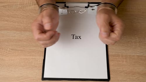 09b. Un homme menotté tient un document portant l'inscription « taxe ». Concept de dépendance à l'égard de l'impôt.