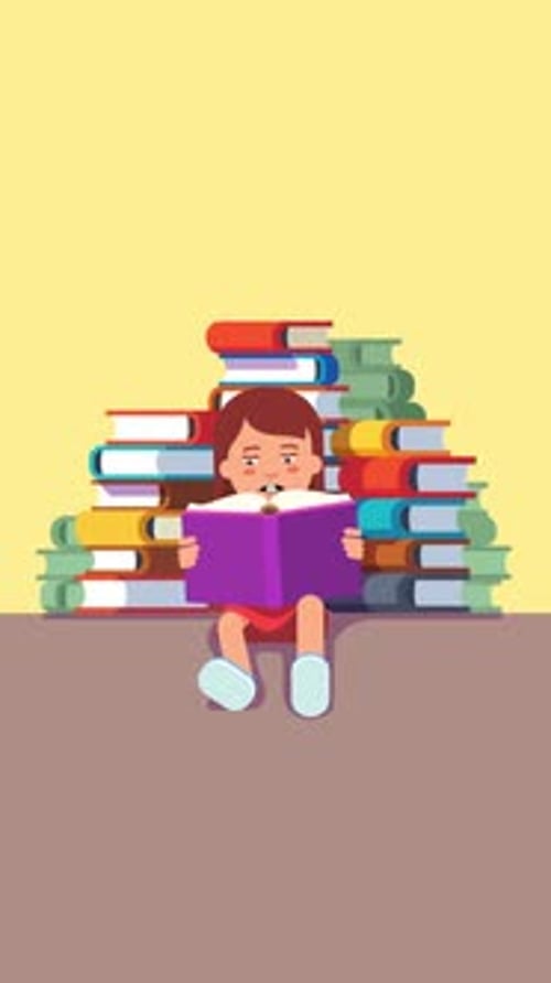 Flat Design Animation of Child Reading Book Stack