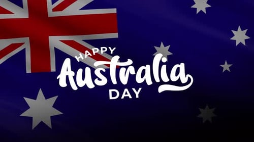 Happy Australia Day mit australischer Flagge im Hintergrund.
