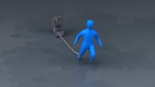 Modern 3D Animation: Blue Figure Chained to Pound Symbol