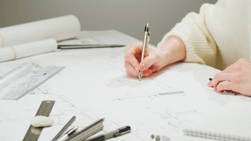 Professioneller Zeichnungsarchitekt, der mit Stift an technischen Entwurfszeichnungen arbeitet