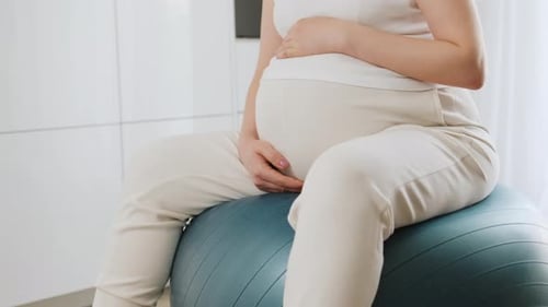 Pregnant Woman Sitting on Exercise Ball Indoors