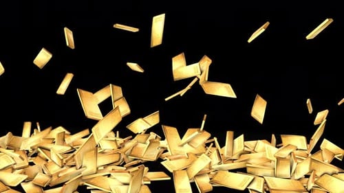 Goldbarren, fallender Regen. Goldene Balken, die auf den schwarzen Hintergrund fallen und auf den Boden fallen, Goldbarrenregen