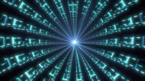 Dynamischer Neontunnel aus Würfeln mit hellem Licht am Ende.