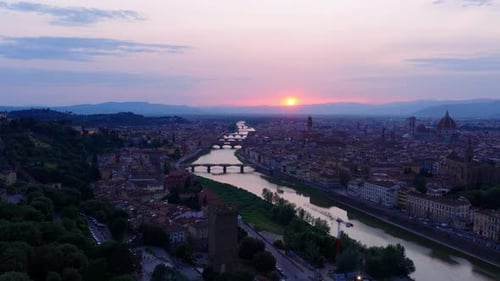 Florence Sunset Aerial Over Arno River and Ponte Vecchio, Tuscany