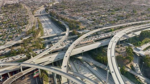 Aerial View Massive Elevated Highway Interchange Structure and Traffic Flow