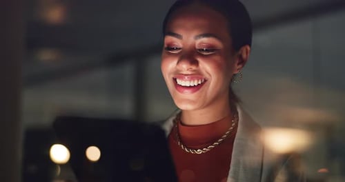 Business, happy woman and tablet at night in office to search internet, scroll information