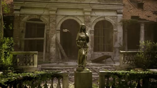 Weathered Monument Bathed in Light Over Crumbling Stone Surface