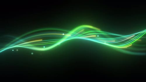 Abstract neon green flowing wave lines glowing particles dark background. Smooth luminous curves for