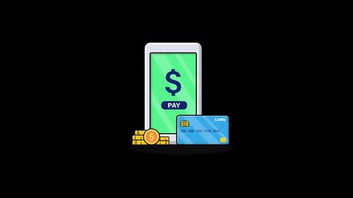 Animated Phone with Bank Card and Gold Coin. Pay Money Concept Video - Transparent