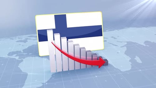 Finnland-Flagge auf Balkendiagramm mit sinkenden Werten, Konzept der Wirtschaftskrise