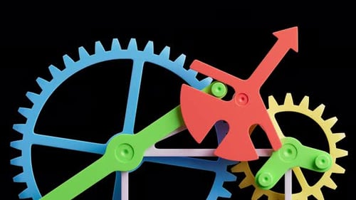 Loop-Animation einer Gruppe von Kunststoffzahnrädern. Alpha-Kanal.