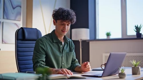 Businessman Negotiating Video Call in Office Closeup Manager Explaining Work