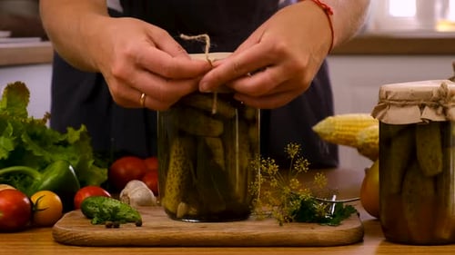 A Woman is Preserving Vegetables in the Kitchen Selective Focus