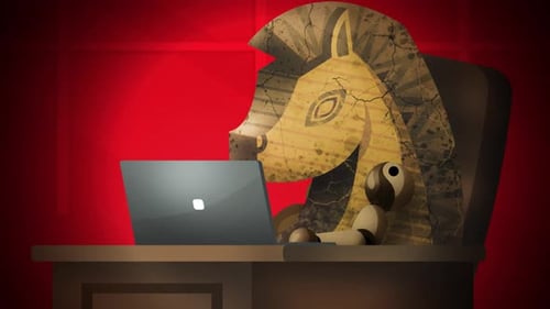 Animated Trojan Horse Character Working on Laptop at Desk