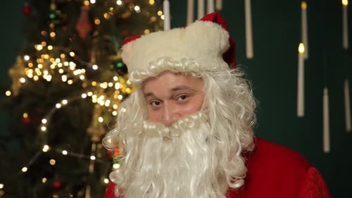 Santa Claus Giving Thumbs Up by Christmas Tree