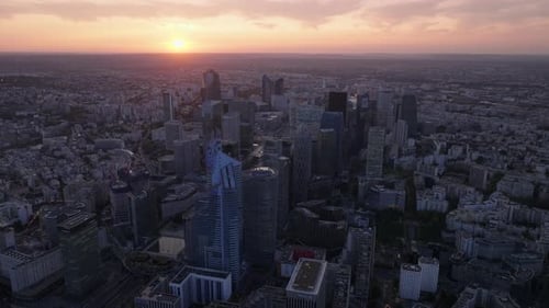 Fly Above Metropolis at Dusk Group of Modern High Rise Downtown Office Buildings in La Defense