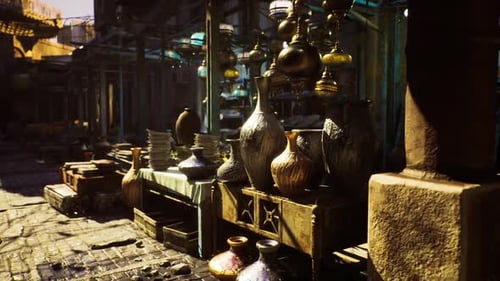 Mystical Market Stall with Ornate Hanging Lanterns and Pottery