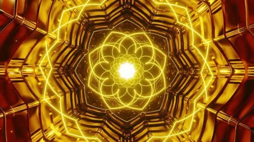 Golden Geometric Tunnel Abstract Art Neon Lights Mandala Design Bright Glowing Energy Powerful Visua