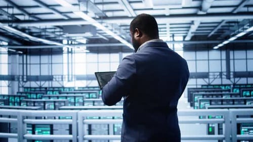 IT Expert in Server Hub Facility Looking for Network Bugs with Tablet