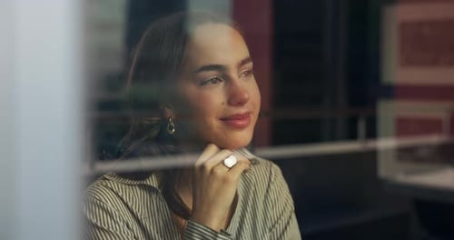 Thinking, window and business woman in office with ideas for project, planning and news article