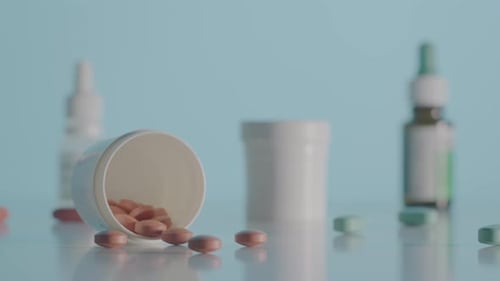 Medicine Bottles and Pills on Reflective Surface