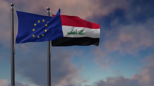 European Union and Iraq Flags Waving Against Cloudy Sky