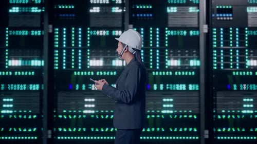 Asian Businesswoman Use Smartphone While Walking and Looking Around in Data Center