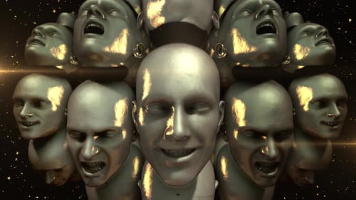Surreal 3D Faces Rotating With Changing Expressions