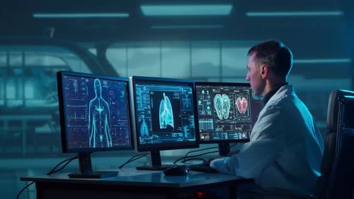 Doctor Working at Futuristic Office Multiple Monitors Displaying Medical Images Data and Body Scans