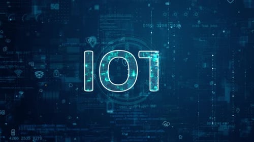 Blauer digitaler IOT-Buchstabe und futuristisches Kreis-HUD mit großen Datenverarbeitungen auf dem Hintergrund der Rasterleitung