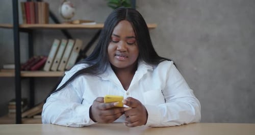 Lady Shows with Index Finger to Smartphone with Chromakey