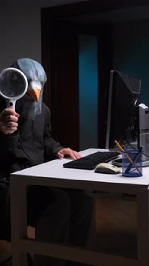 Person Wearing Pigeon Mask with Magnifying Glass
