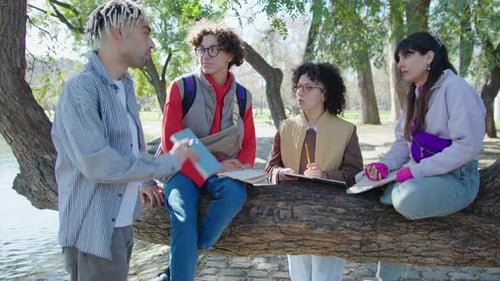 Group of Students Talking about Homework in the Park