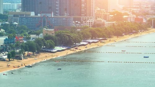 Beautiful tropical sea beach at sunset, Aerial view drone.