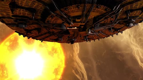 Sci-Fi Spaceship Flying Past Bright Star in Cosmic Nebula