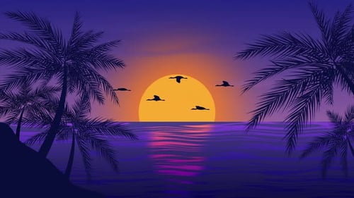 Landscape with palm trees and flying birds