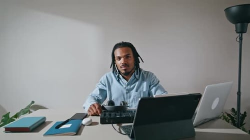 Positive Arranger Posing Camera Home Zoom On. Handsome Sound Producer Relaxing In Apartment Remot...