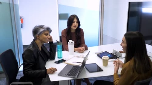 Businesswomen collaborating on strategy during meeting in office conference room
