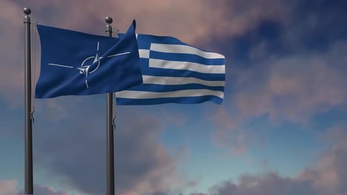 Realistic Waving NATO and Greece Flags on Flagpoles