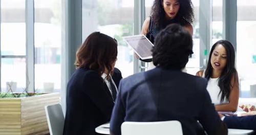 Education, training and learning on tablet screen in business boardroom meeting to analyze data