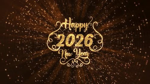 Animación con letras doradas brillantes de Feliz Año Nuevo 2026. Celebración navideña Texto animado brillante