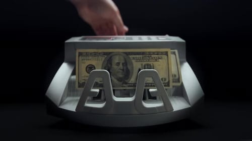 Money counting equipment for paper money calculation. mechanism for bank financial operations.