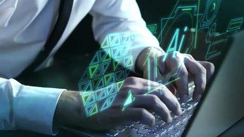 Geschäftsmann nutzt Chatbot für künstliche Intelligenz für die Arbeit