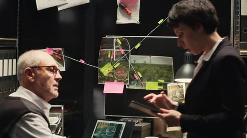 Two Adults Reviewing Documents in Cramped Office