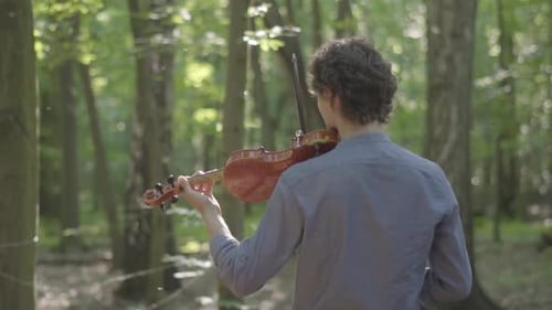 Elegant young man violinist playing violin in slow motion with his back to the camera in the forest