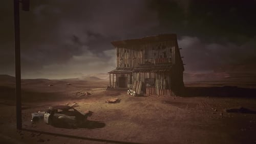 Cinematic Abandoned Desert Shack in a Post-Apocalyptic Landscape
