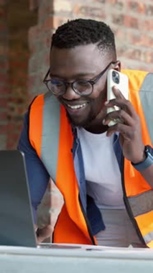 Blueprint, architecture and black man with phone call, laptop and update for building project