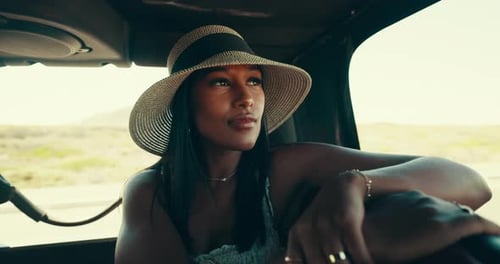 Road trip, passenger and woman with vehicle, hat and journey for vacation, weekend or break