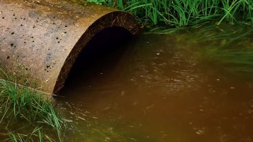 Dirty drain water flows rapidly from a concrete pipe, creating a turbulent stream. The image capture